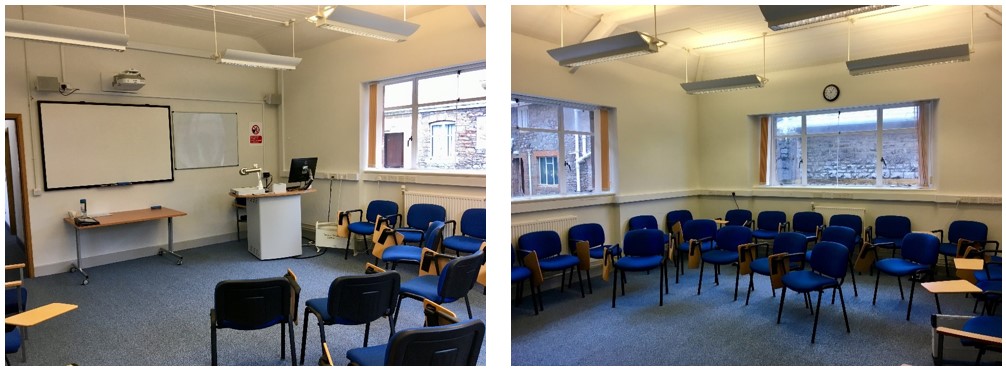 Classroom with pallet chairs.